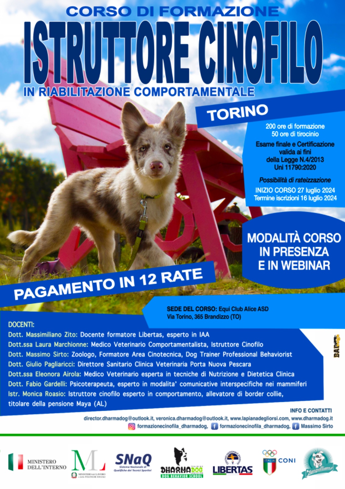 Corso Istruttore Cinofilo Riabilitatore Torino 2024